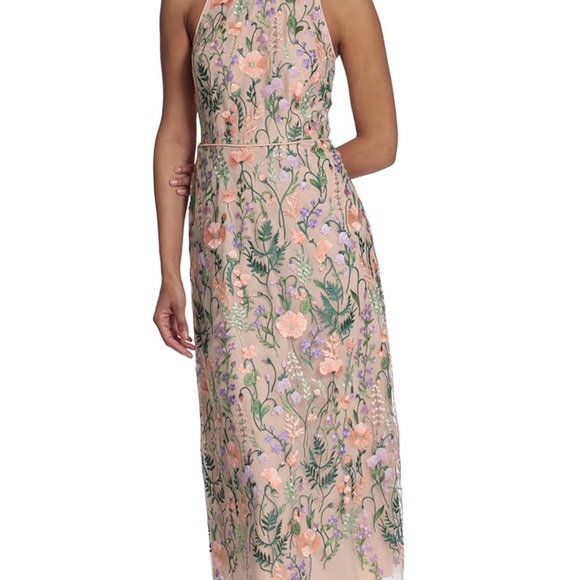 Maggy London Women's Floral Embroidered Halter Midi Dress with Back V-Neck - Picture 2 of 12
